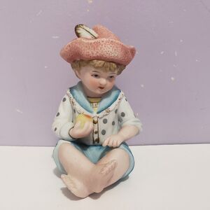Andrea by Sadek Boy Apple  Blue w/ Hat Bisque Figurine 4"×2" Home Country Decor